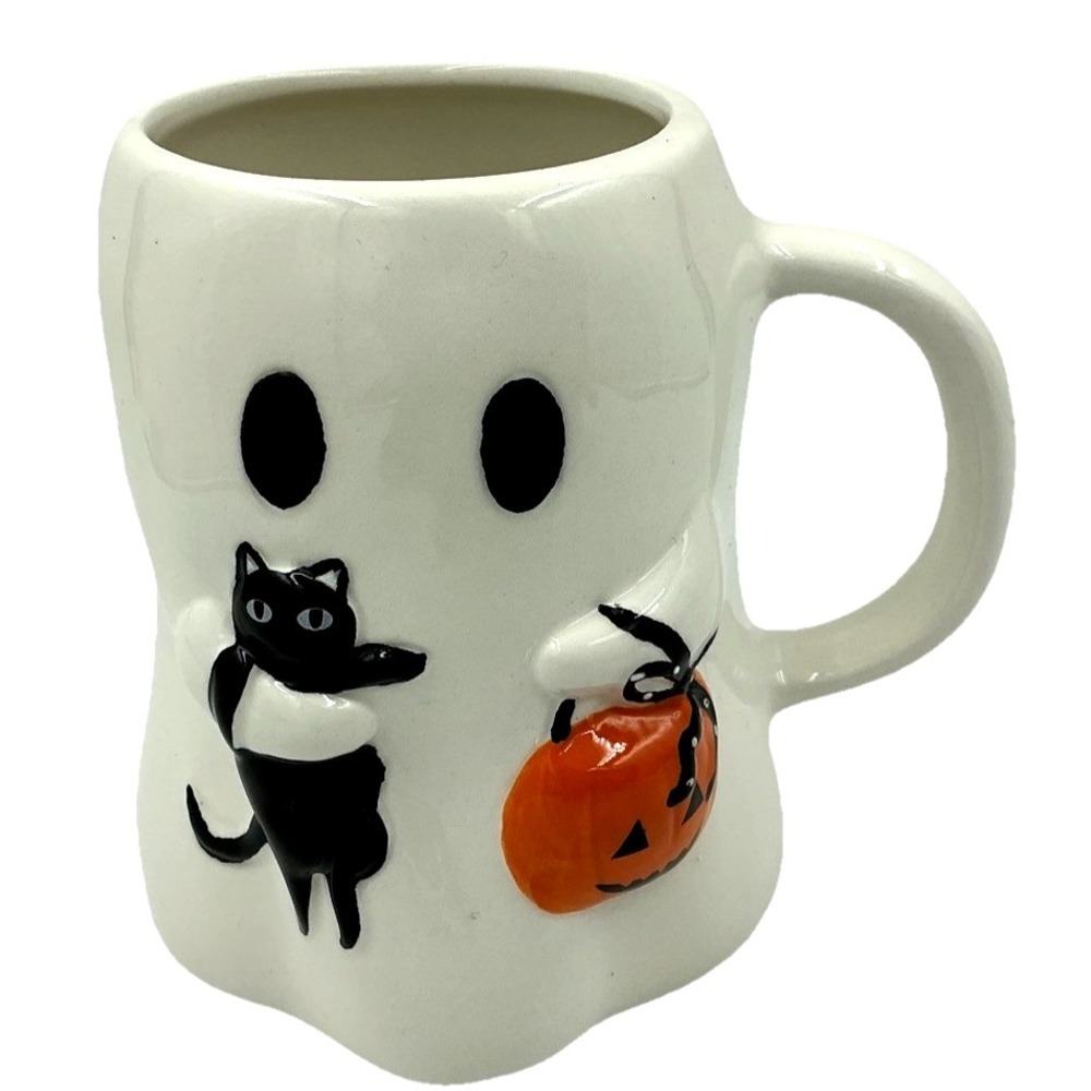 Sunday Morning Ghost Mug  Holding Black Cat Pumpkin Coffee Cup Halloween New